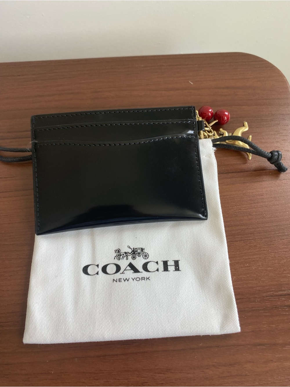 Coach Black Patent Leather Card Case with Brass Cherry, Rexy and Hangtag Charms - Picture 2 of 3